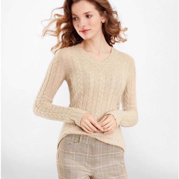 Brooks Brothers | Sweaters | Brooks Brothers Beige Cashmere Cable Knit  Vneck Sweater M | Poshmark